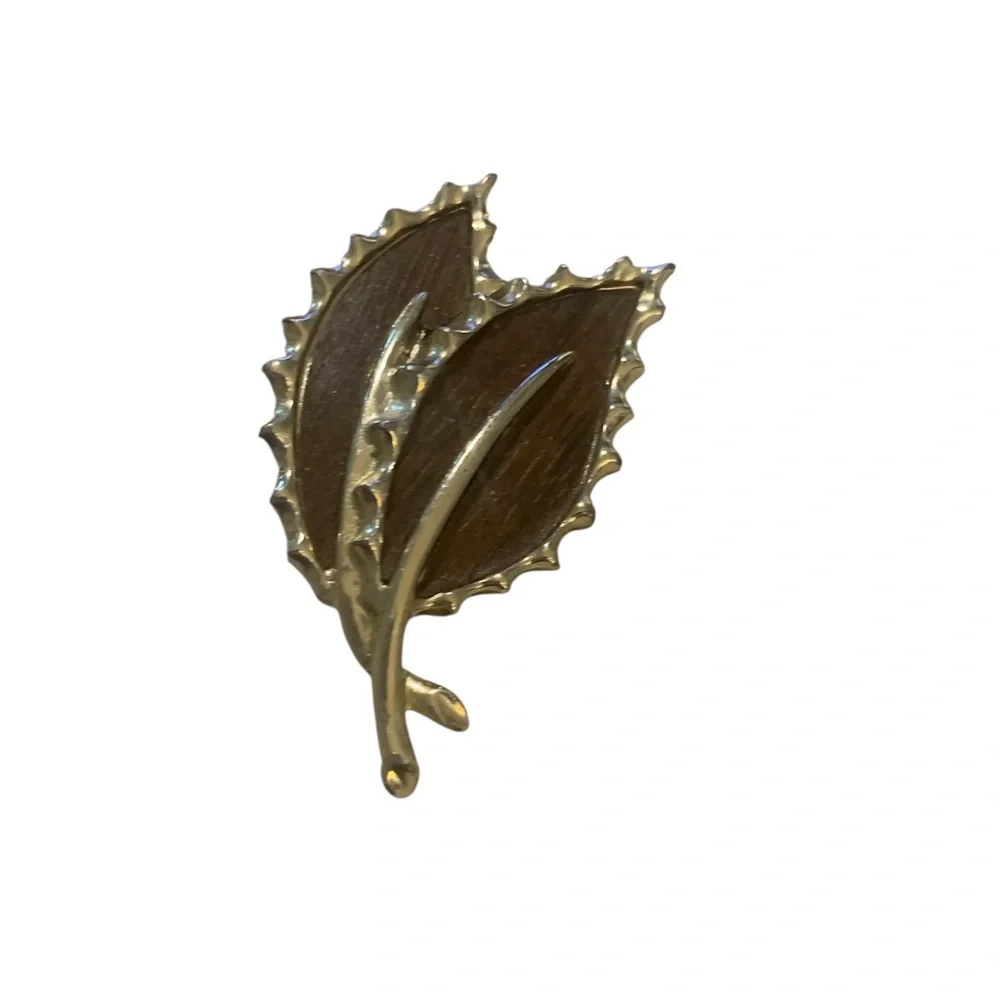 VTG‎ Sarah Coventry Gold and Brown Brooch Pin Double Leaf Jewelry 1970's